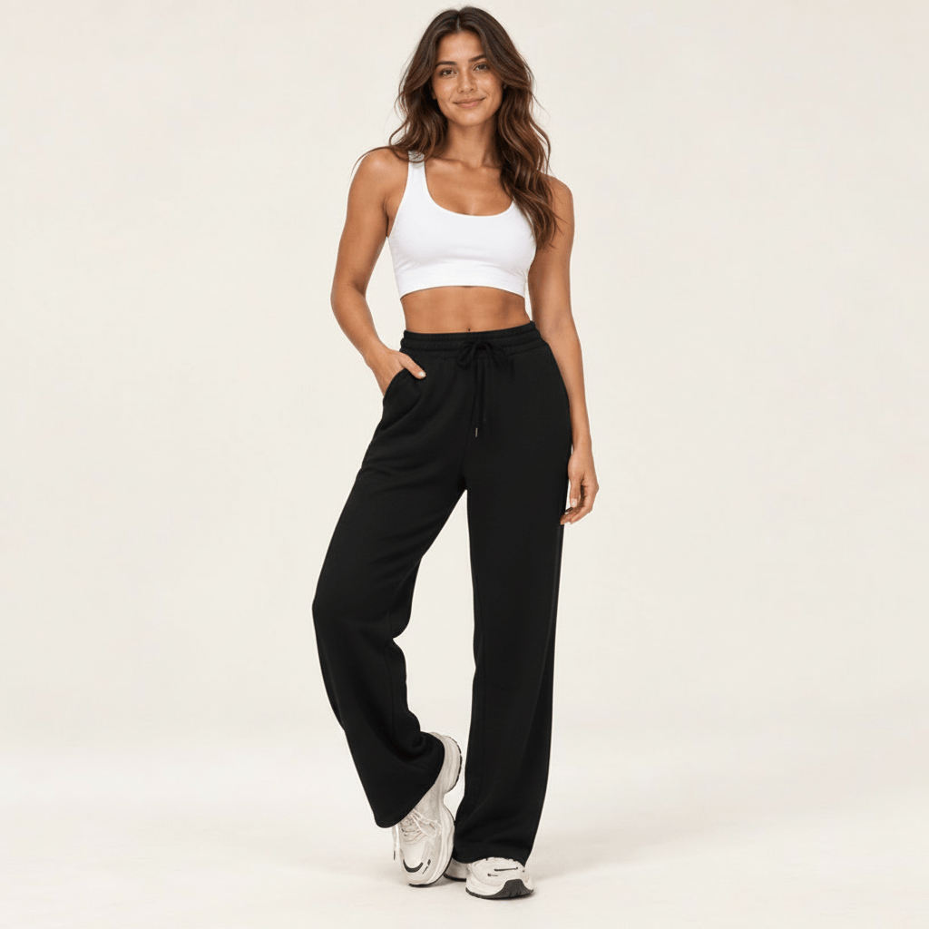Jogging femme noir à taille haute et jambe large, cordon de serrage et poches latérales