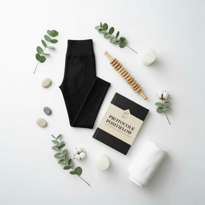 Pack Positiflow : Protocole Peau Lisse & Tonique, chaussettes/noeud noir avec fiche produit, eucalyptus et galets sur fond clair.