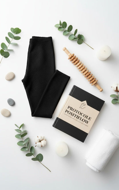  Le Pack Protocole Positiflow complet présenté à plat : legging sculpteur noir, bâton de massage en bois et le guide "Protocole Positiflow".