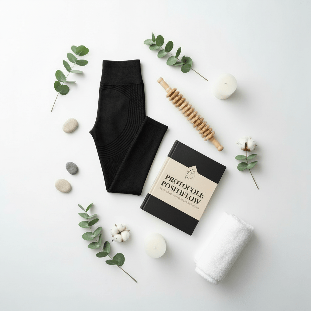  Le Pack Protocole Positiflow complet présenté à plat : legging sculpteur noir, bâton de massage en bois et le guide "Protocole Positiflow".