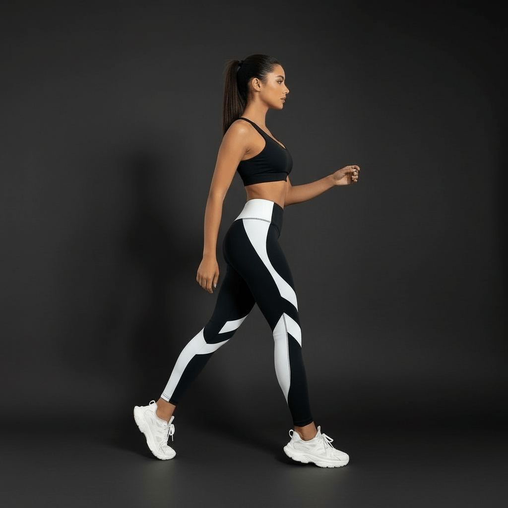 Legging taille haute noir et blanc effet galbant pour yoga et fitness