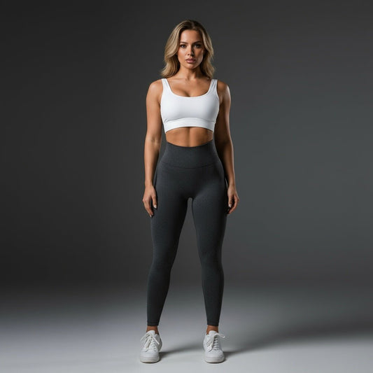 Legging femme sport Contour noir, taille haute galbante, vue de face - technologie sans couture, compression ciblée ventre hanches cuisses