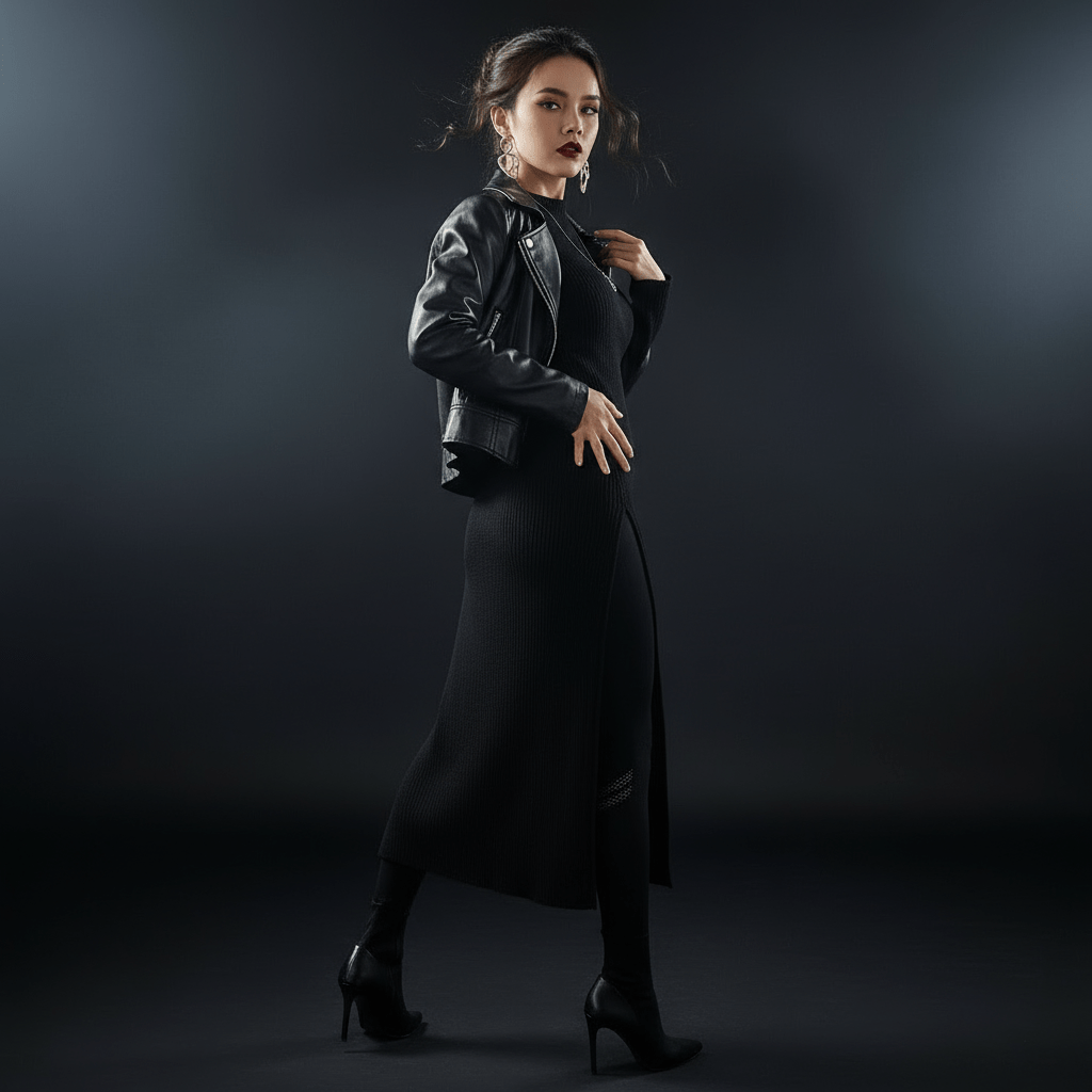 Legging noir POSITIFLOW look sportif chic élégant, femme avec crop top noir, blazer noir et pose sensuelle, élégance en mouvement