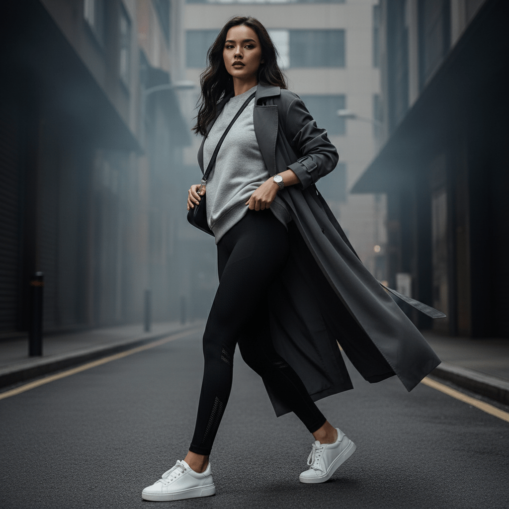 Legging noir POSITIFLOW tenues urbaines, femme avec sweatshirt blanc, trench coat et sneakers, style sport rencontre la ville