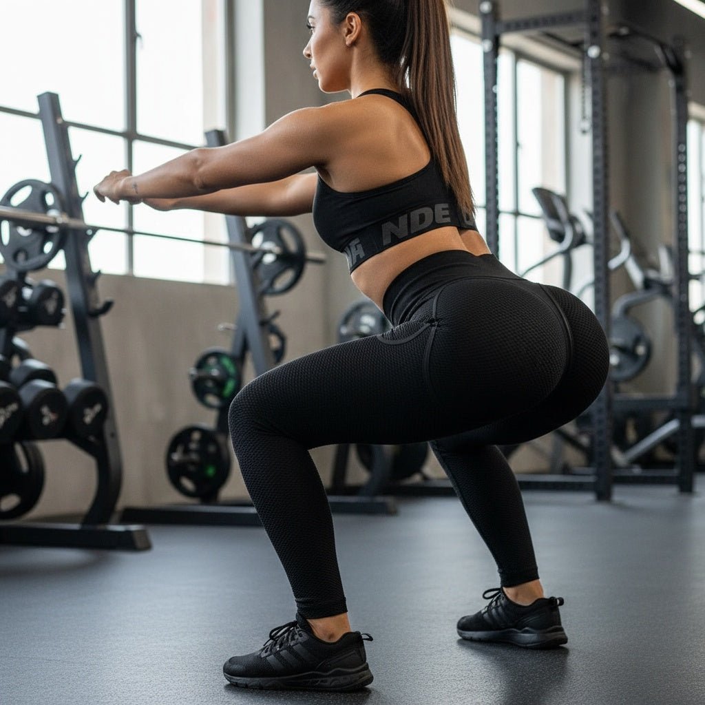 Legging noir de sport 100% opaque et certifié squat-proof, garantissant une confiance totale durant l'entraînement.