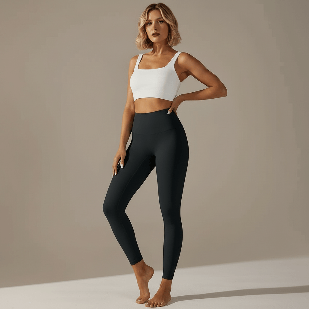 Legging Effet Nu noir femme vue de face debout sculptant gainant taille haute studio