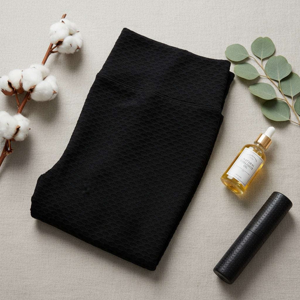 Legging noir texturé Positiflow présenté à plat avec des fleurs de coton et une huile de soin, évoquant un rituel de beauté naturel.