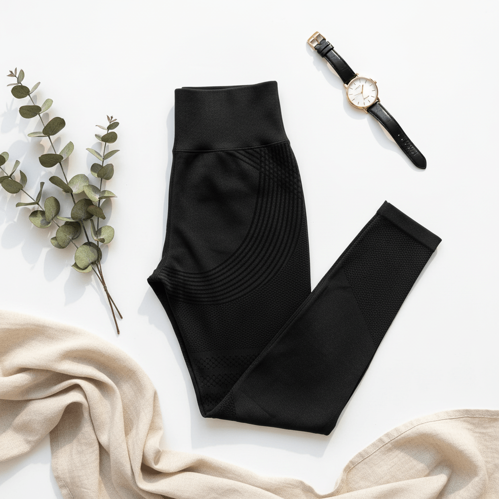 Legging noir texturé Positiflow présenté à plat avec des fleurs de coton et une huile de soin, évoquant un rituel de beauté naturel.