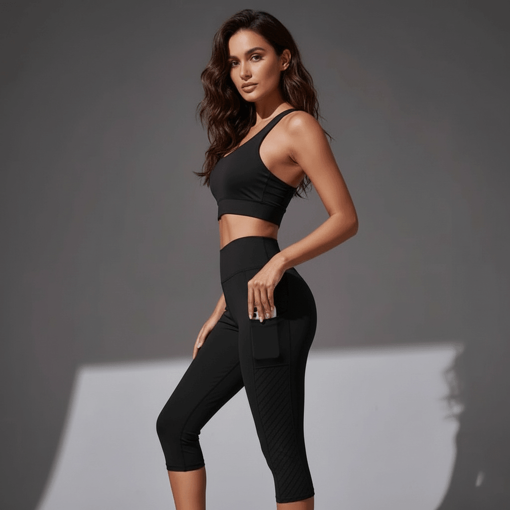 Legging running femme capri noir taille haute avec poches intégrées pour smartphone, longueur trois-quarts sous le mollet