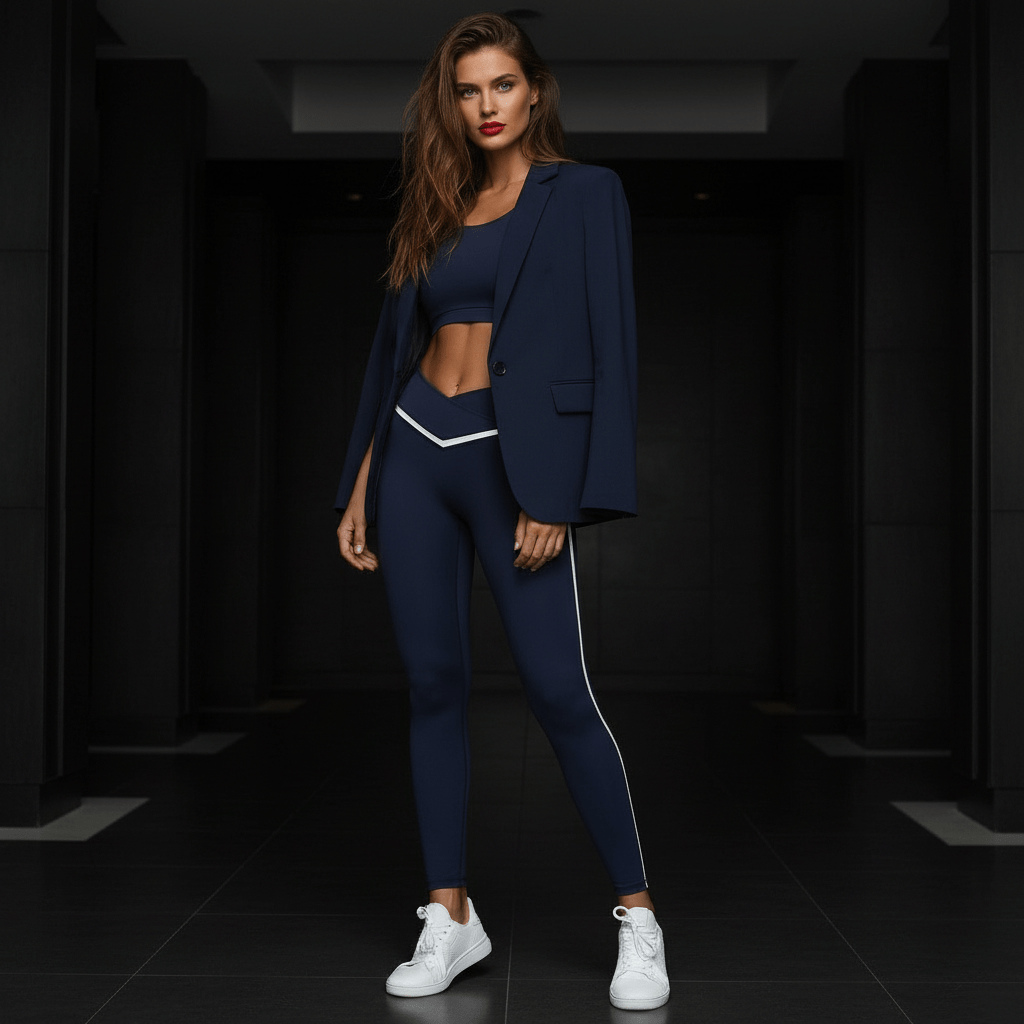 Legging sport crossover femme porté en tenue athleisure quotidienne stylée