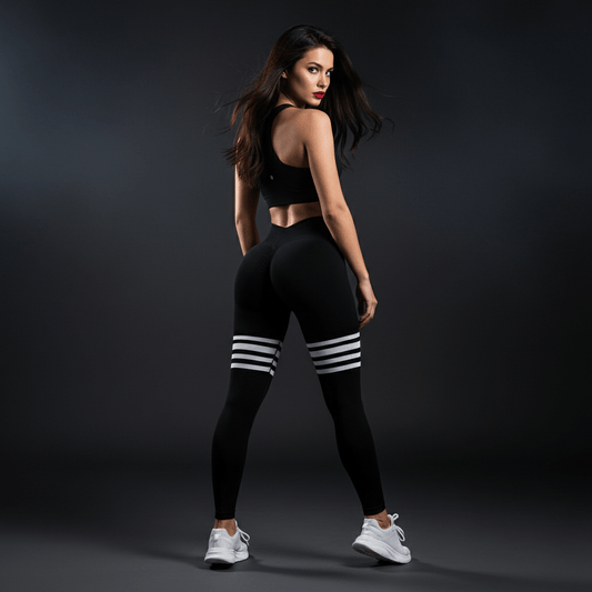 Legging sport femme noir à rayures, taille haute gainante, technologie Scrunch, idéal pour fitness et yoga