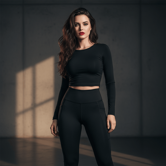 Legging taille haute noir avec poche téléphone, coutures techniques latérales, tissu respirant et maintien sculptant, vue de face.