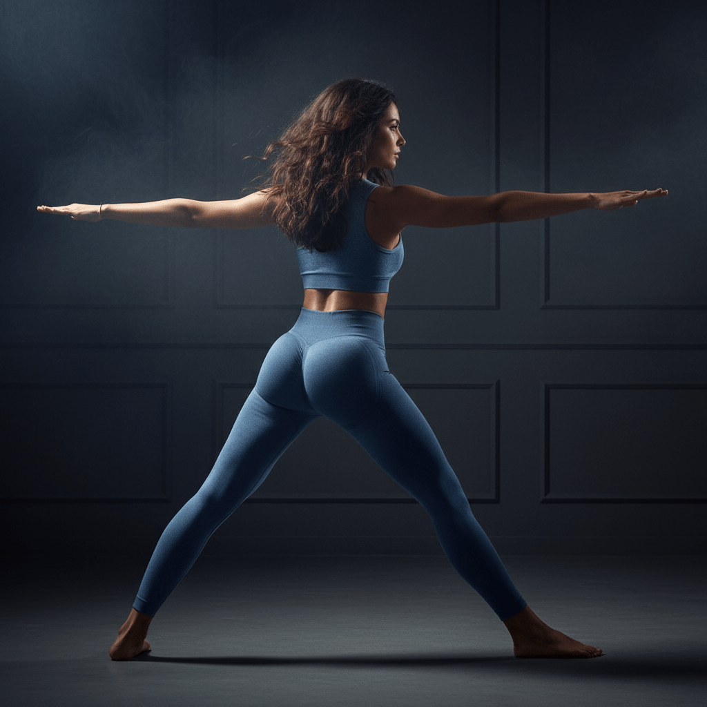 Legging yoga femme premium taille haute en pose de guerrier, offrant une flexibilité exceptionnelle et un confort seconde peau.
