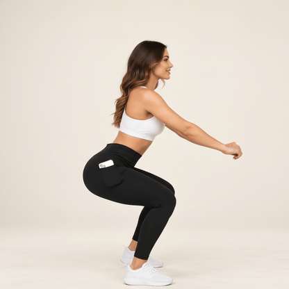 Legging thermique femme à poches en squat, vue de profil, poche latérale visible