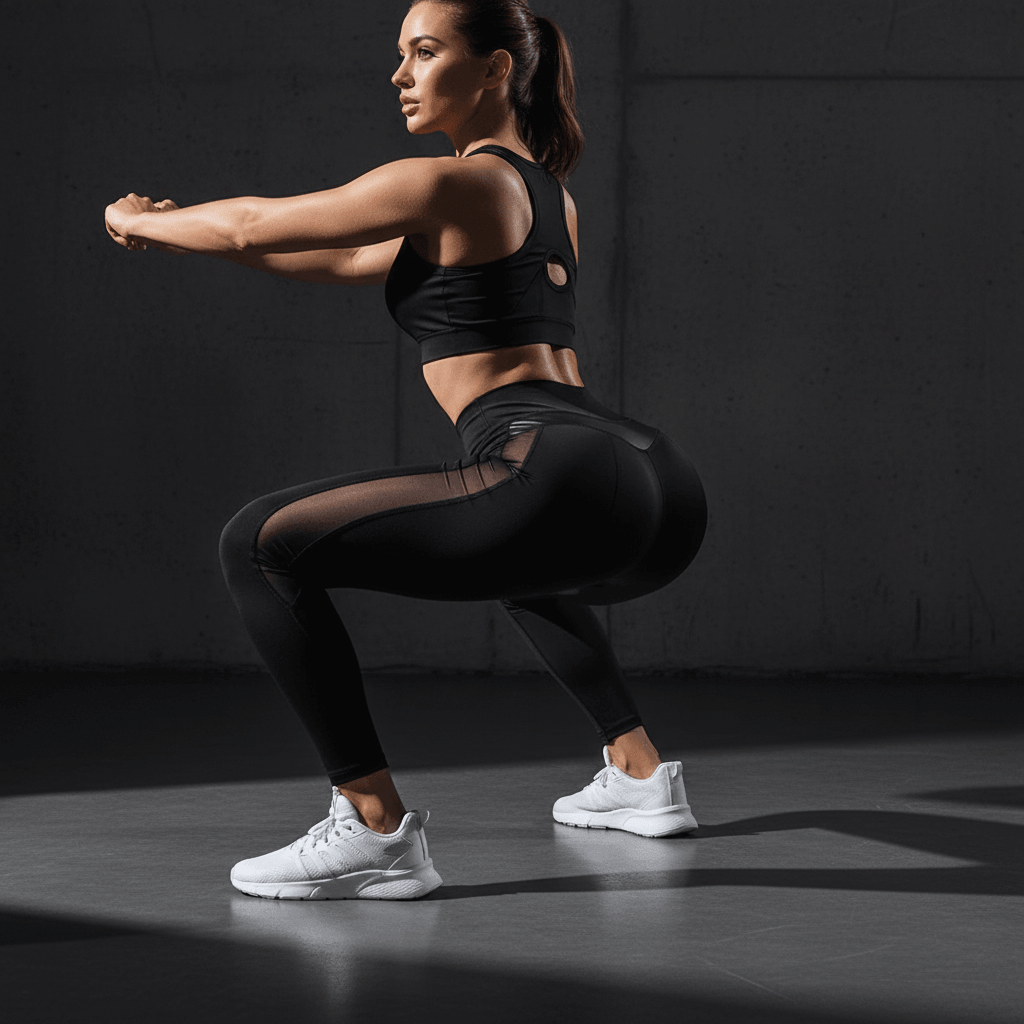 Leggings femme noir effet sculptant pendant exercice squat en salle de sport