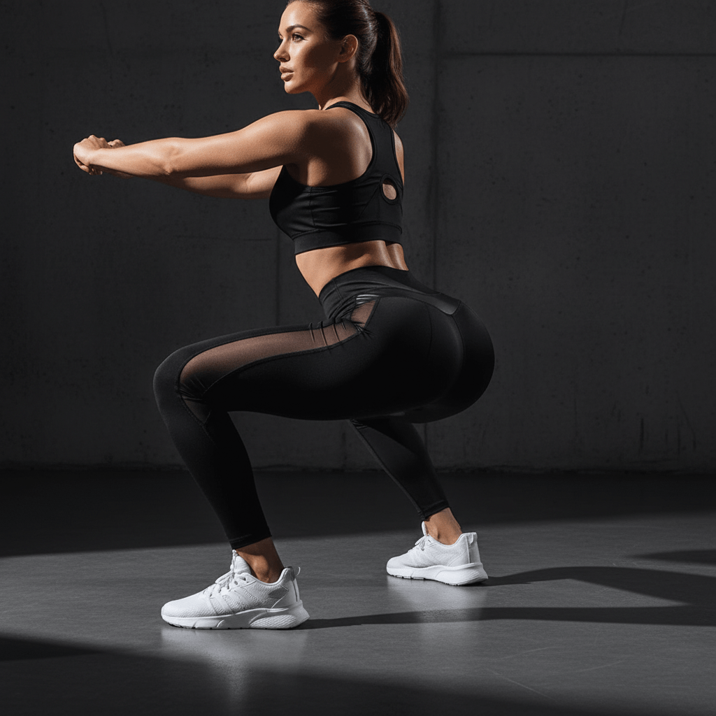 Leggings femme noir effet sculptant pendant exercice squat en salle de sport