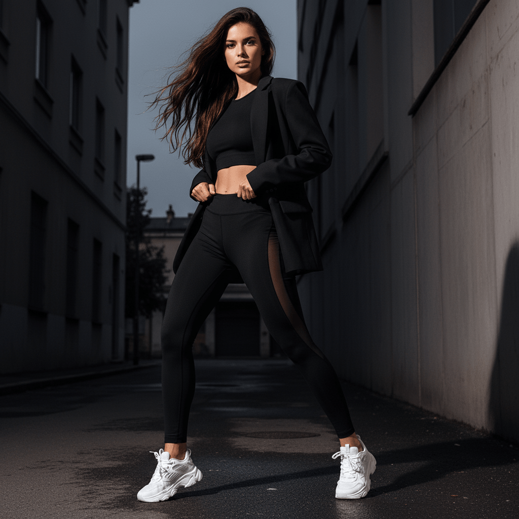 Leggings femme noir polyvalent porté au quotidien avec top décontracté