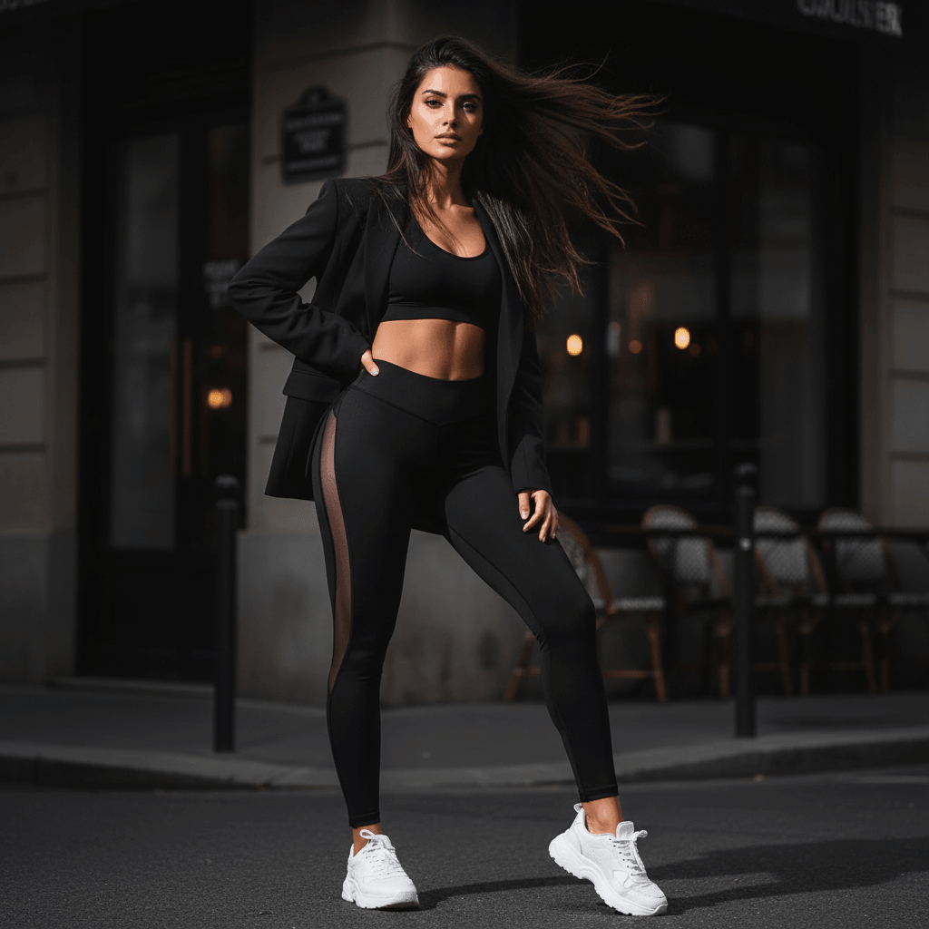 Leggings femme noir taille haute porté vue de face jambes droites