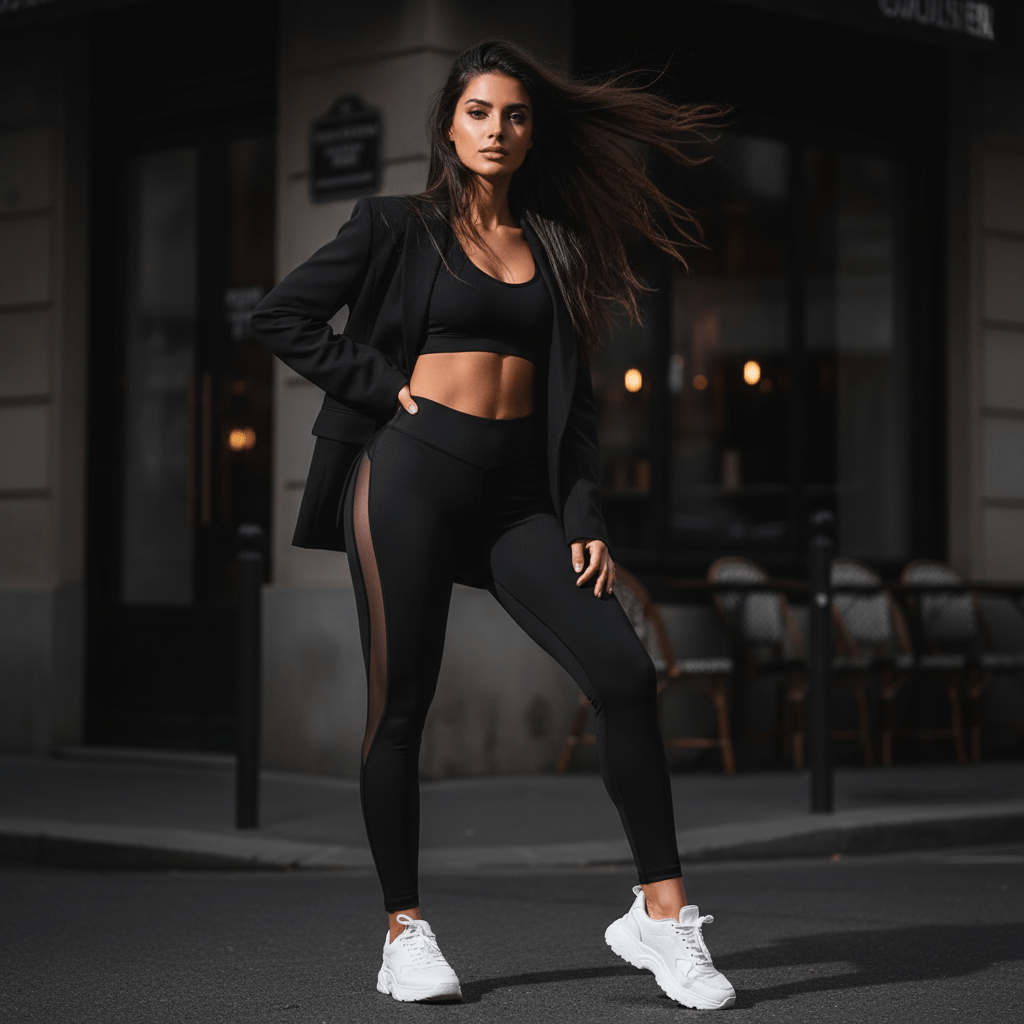 Leggings femme noir taille haute porté vue de face jambes droites