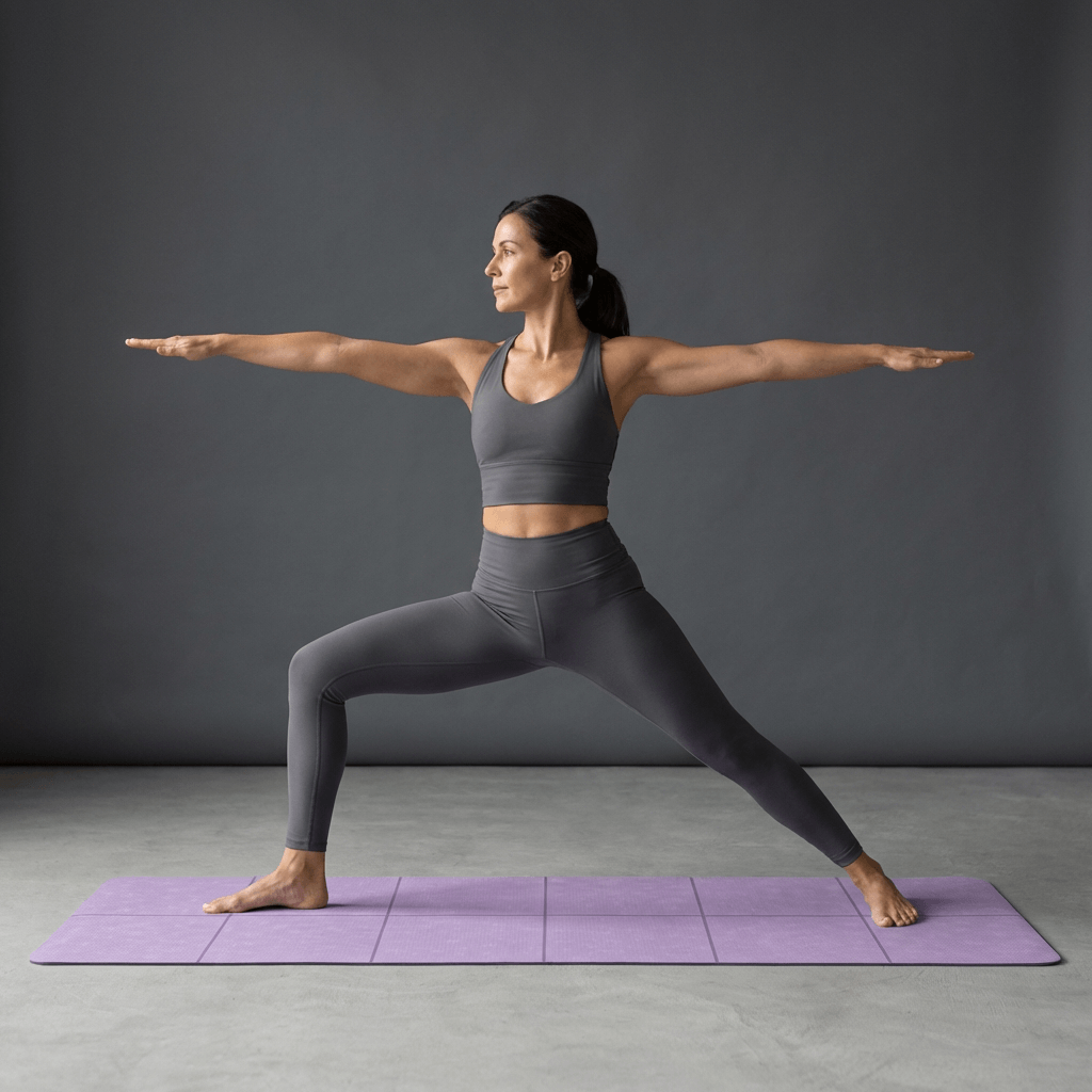 Femme pratiquant le yoga sur un tapis de yoga pliable violet, posture stable et antidérapante