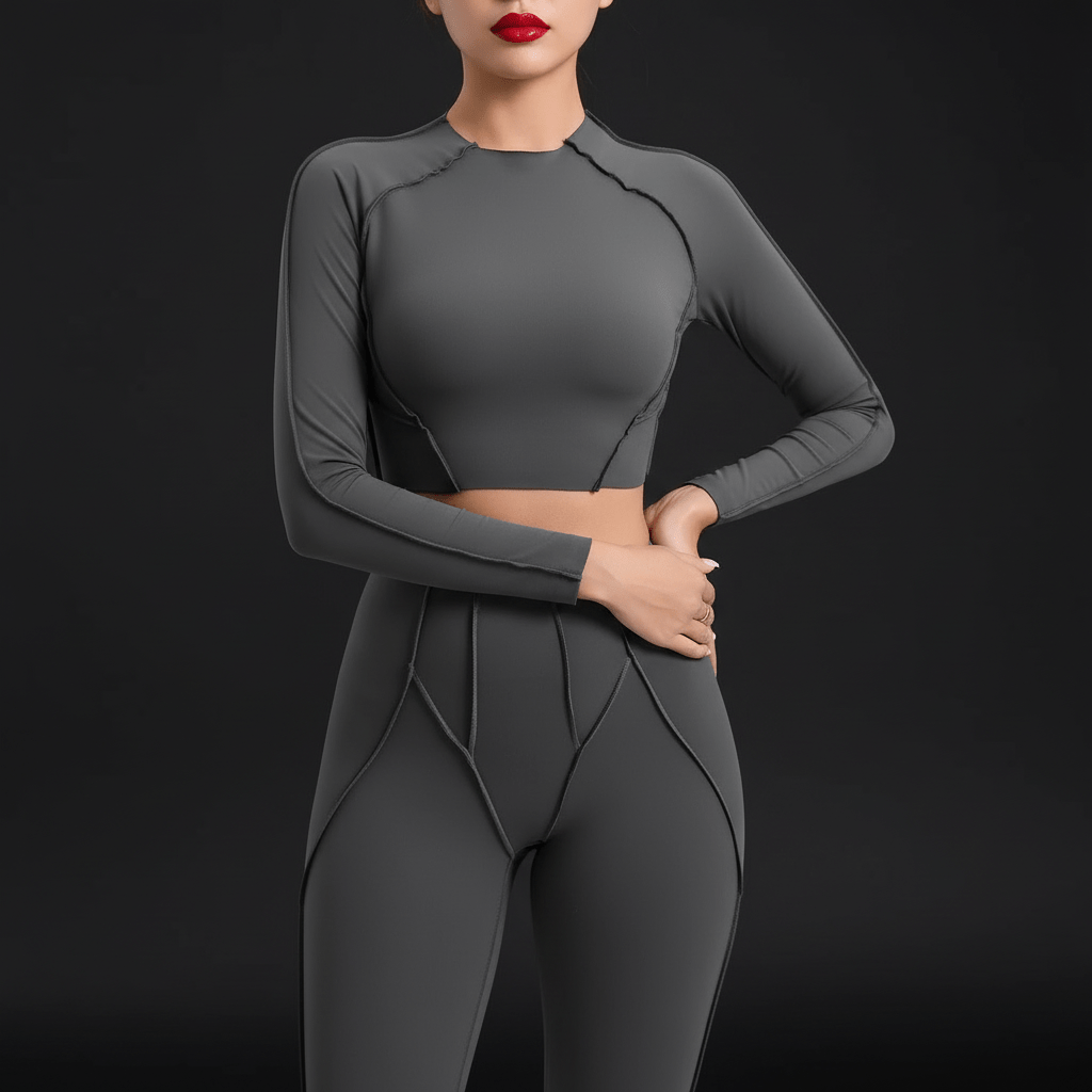 Mannequin portant un top yoga femme gris avec leggings assortis, fond minimaliste