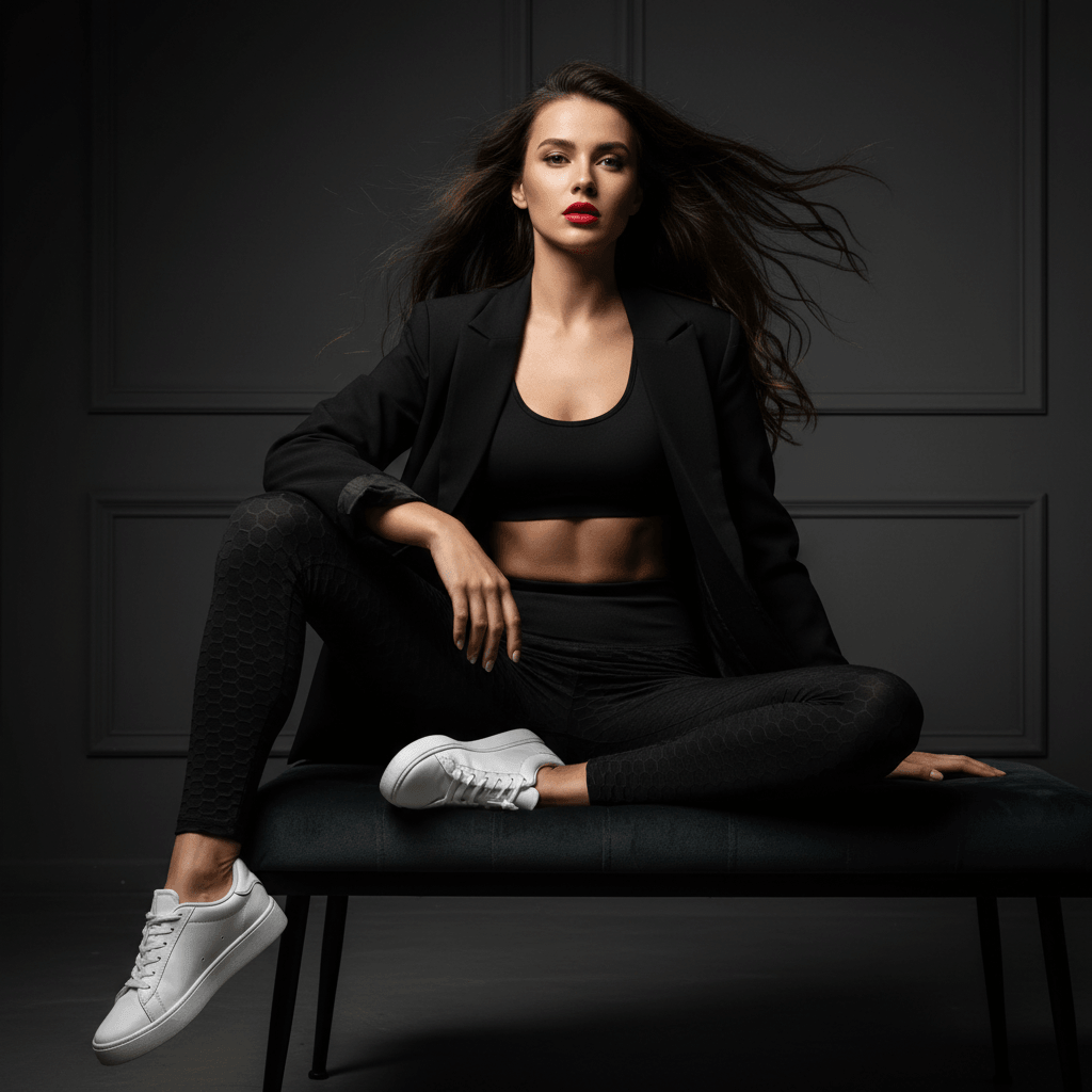 Mannequin portant le legging anti-cellulite noir effet push-up et gainant de Positiflow sur fond noir