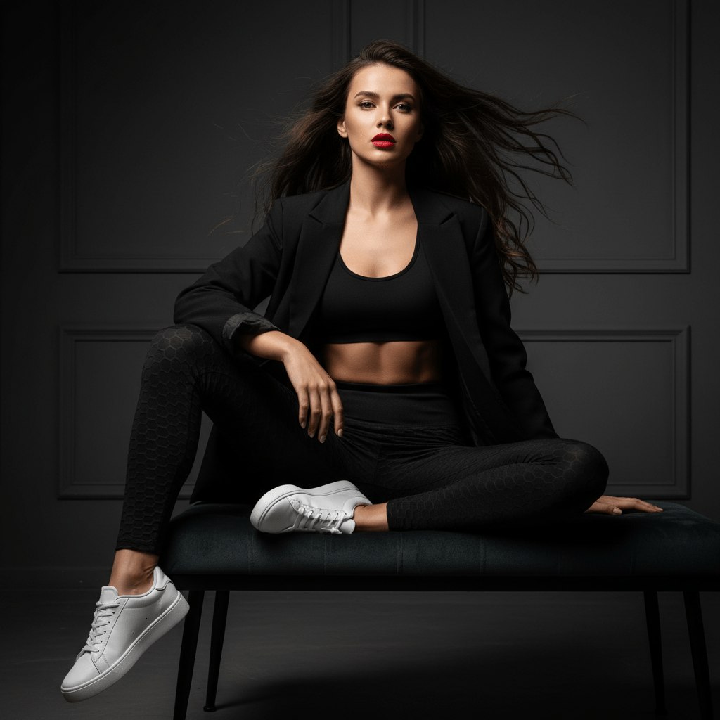 Mannequin portant le legging anti-cellulite noir effet push-up et gainant de Positiflow sur fond noir