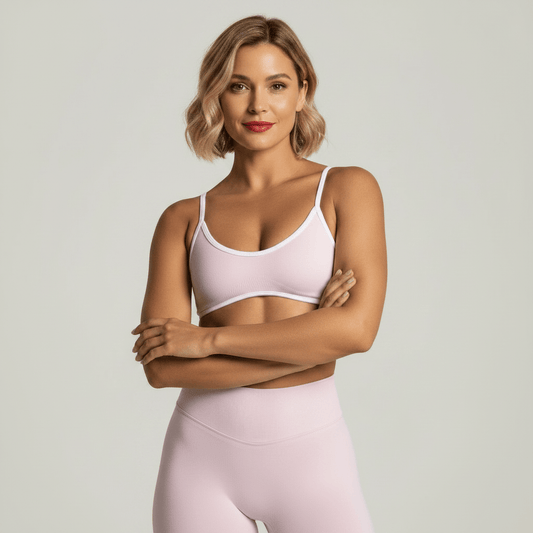 Brassiere sport rose pâle avec finitions blanches portée par une femme en studio premium sur fond anthracite