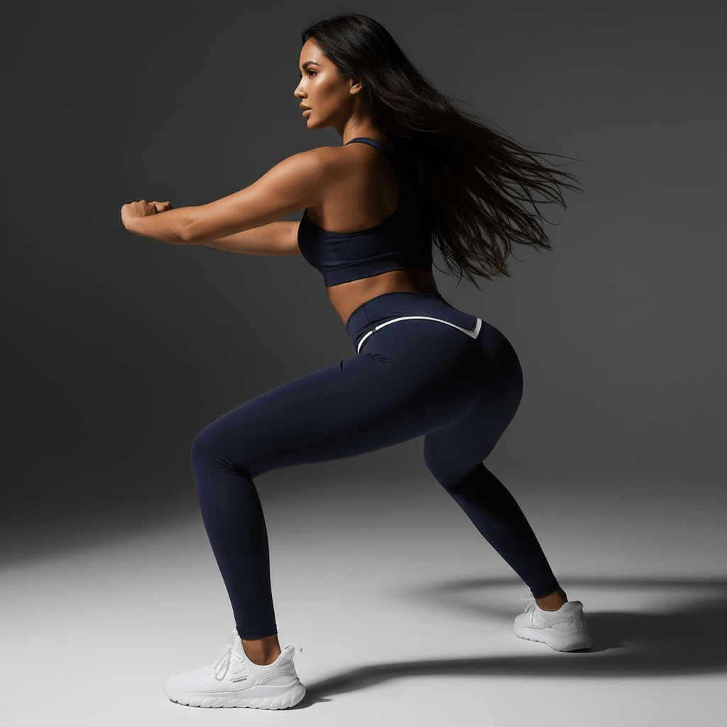 Modèle portant legging crossover femme en squat montrant opacité garantie maintien