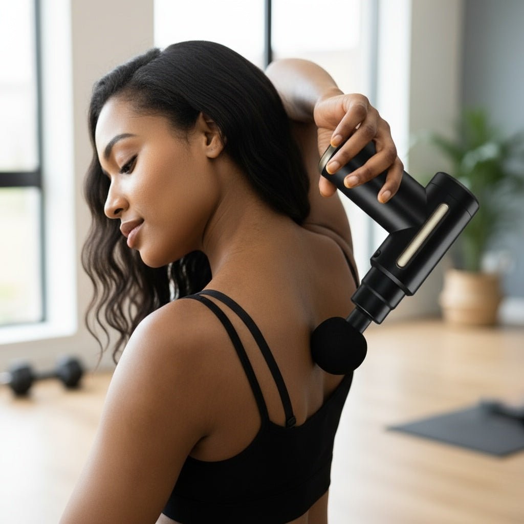 Pack complet pistolet massage musculaire avec 4 embouts, câble USB-C, housse transport pour sportifs nomades