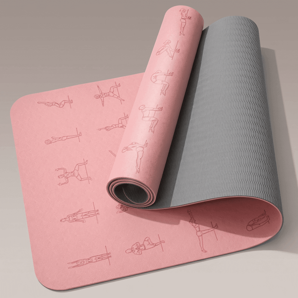 Tapis de yoga ZEN roulé montrant les deux faces : rose bienveillant et gris charcoal, design postures et texture antidérapante