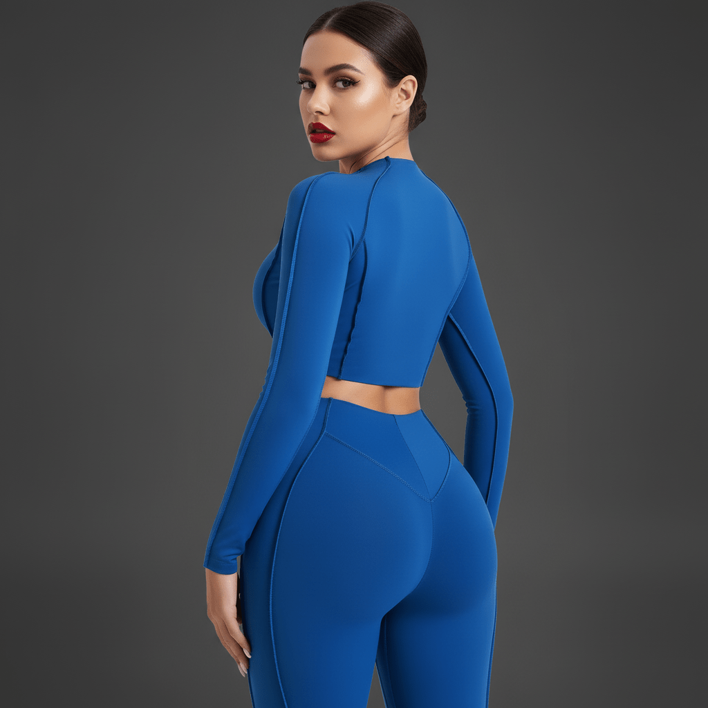 Photo réaliste de femme en tenue yoga technique, studio minimaliste et lumière douce