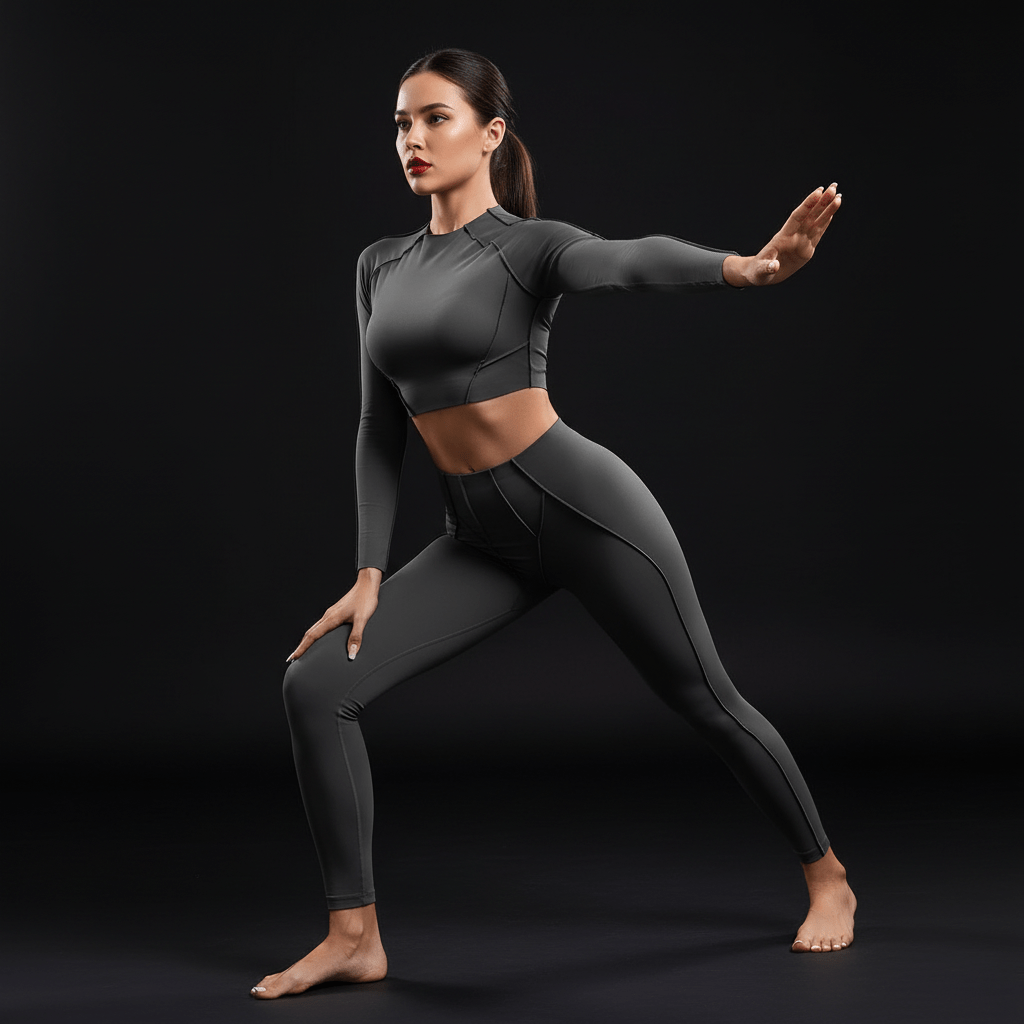 Photo studio d’une femme en tenue yoga crop top et leggings, pose calme et élégante