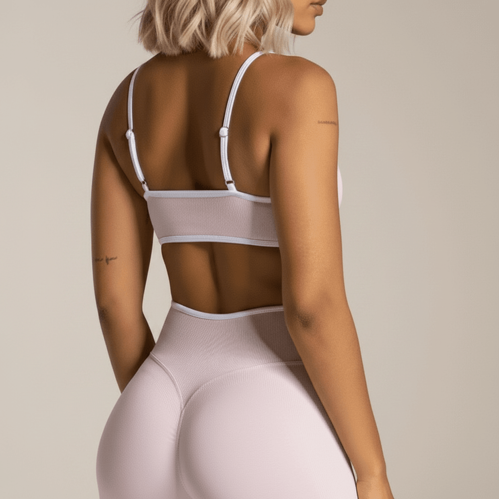 Soutien-gorge sport blanc vu de dos, avec bretelles ajustables et bas moulant, mise en valeur du dos et de la silhouette.
