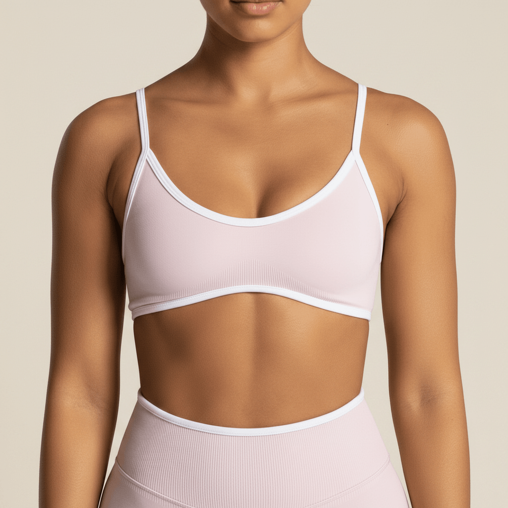 Soutien-gorge sport blanc, ajusté, sans couture, porté par une femme montrant le buste et les épaules. Allié confort et mouvement.