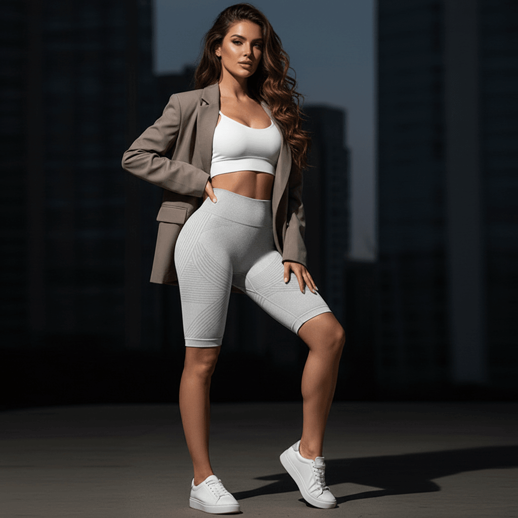 Short femme anti-cellulite: modèle en tenue de sport blanche avec blazer gris, shorts 3D compressés et baskets blanches.