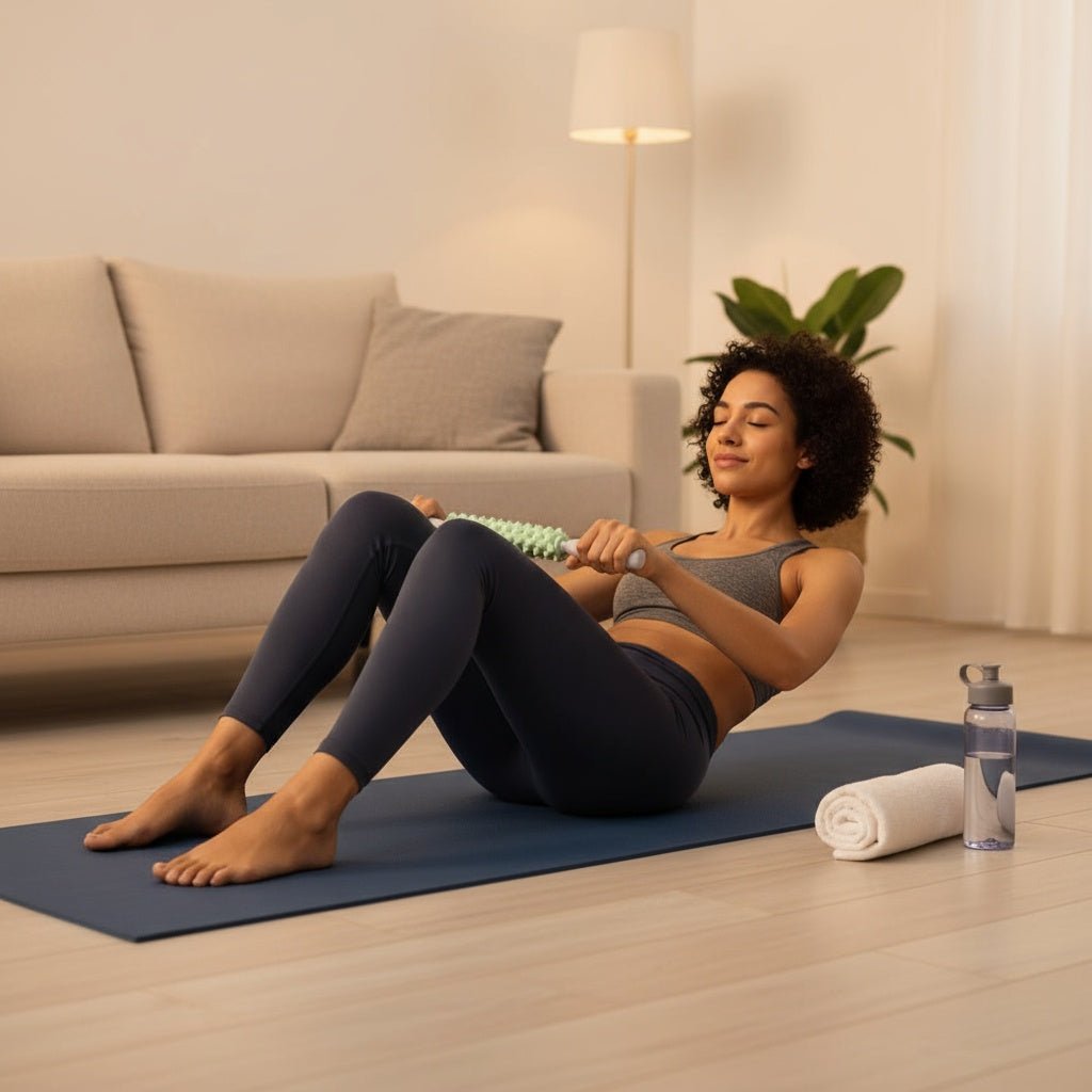 Rouleau de massage compact portable POSITIFLOW texture picots pour utilisation yoga fitness course et pilates