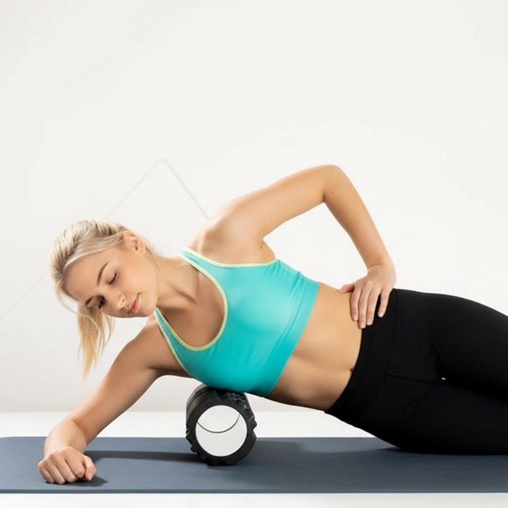 Rouleau de massage musculaire Positiflow noir sur un tapis de yoga.