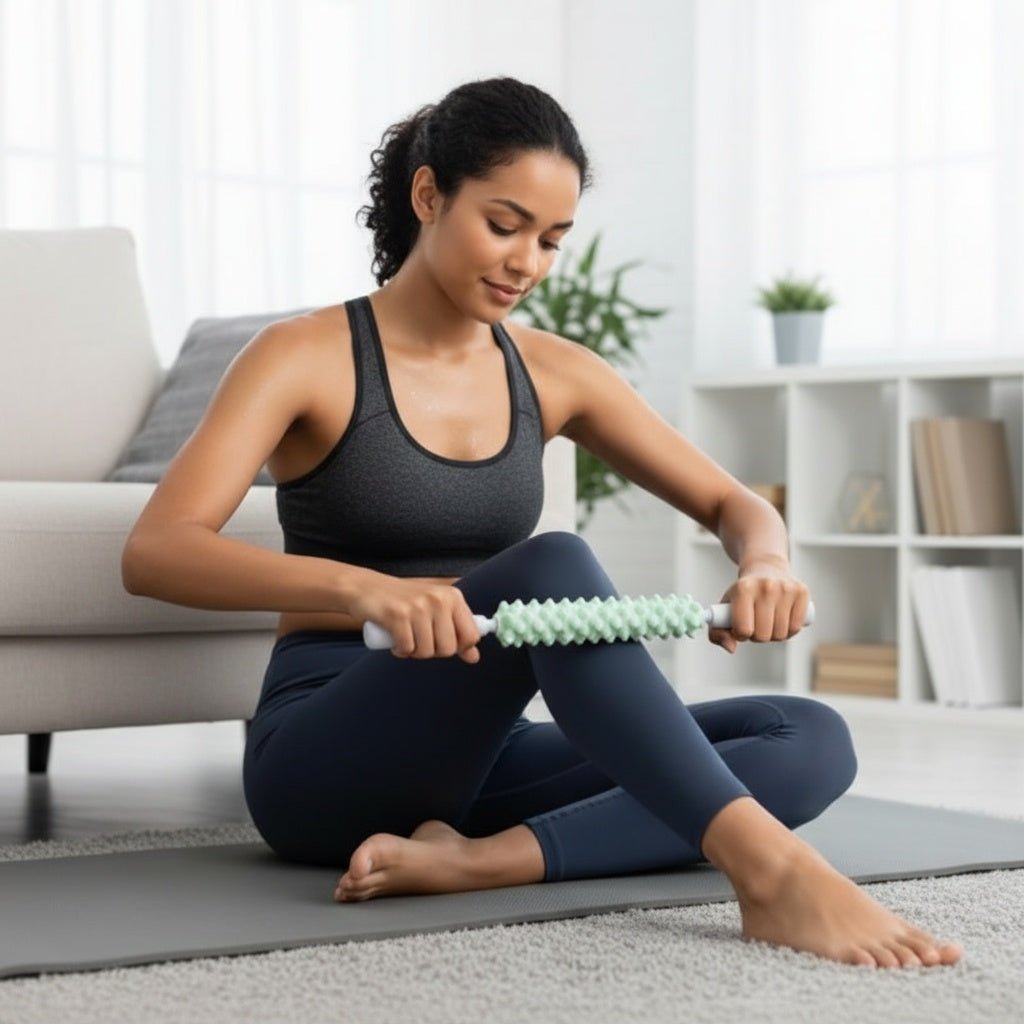 Rouleau massant POSITIFLOW sous dos soulagement tensions chroniques dorsales bien-être quotidien femme sportive