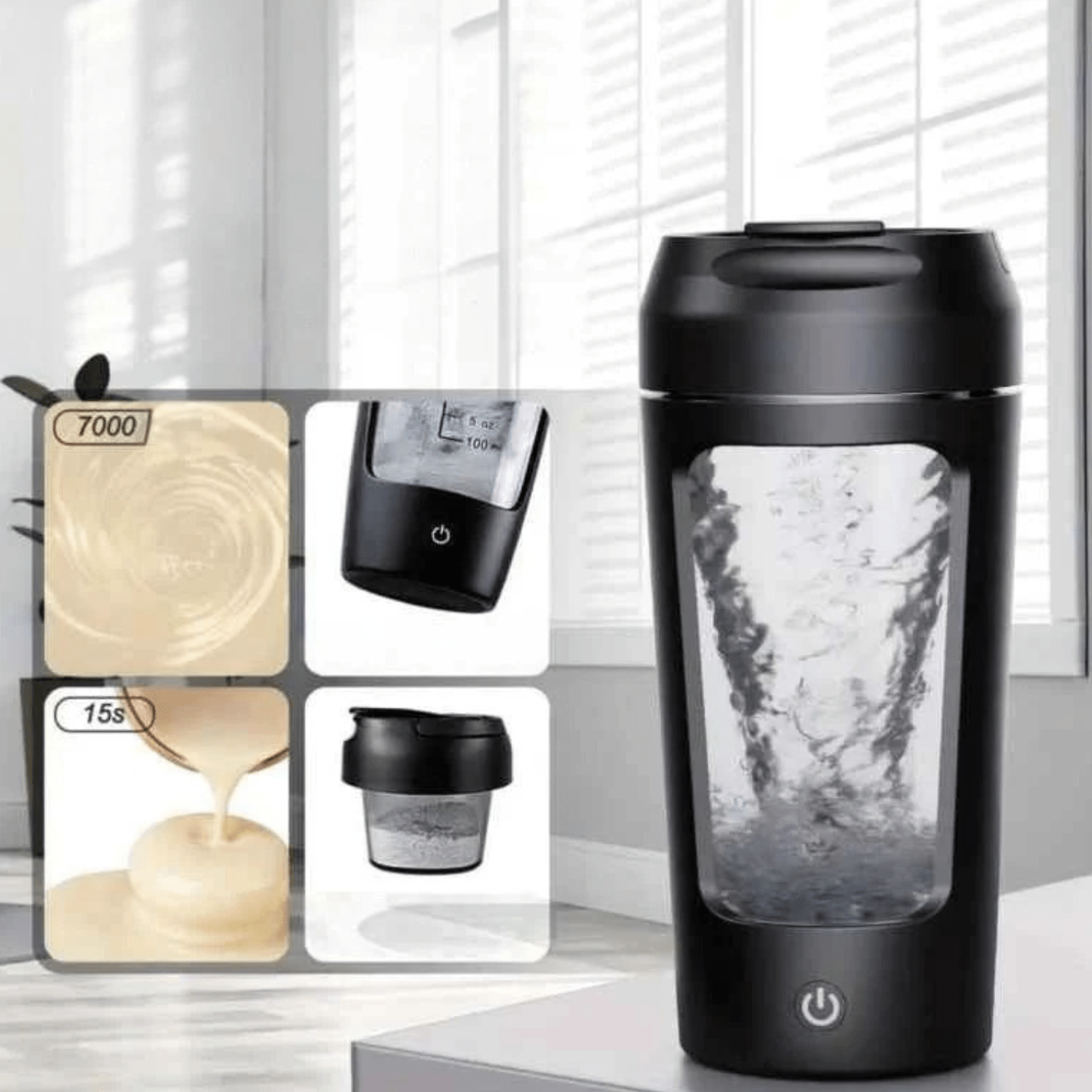 Shaker électrique 650 ml rechargeable USB-C, sans BPA, design compact noir