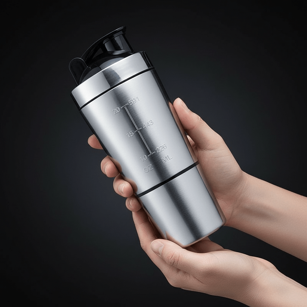 Shaker en inox Positiflow parfaitement propre, illustrant sa résistance aux odeurs et aux taches de protéine.