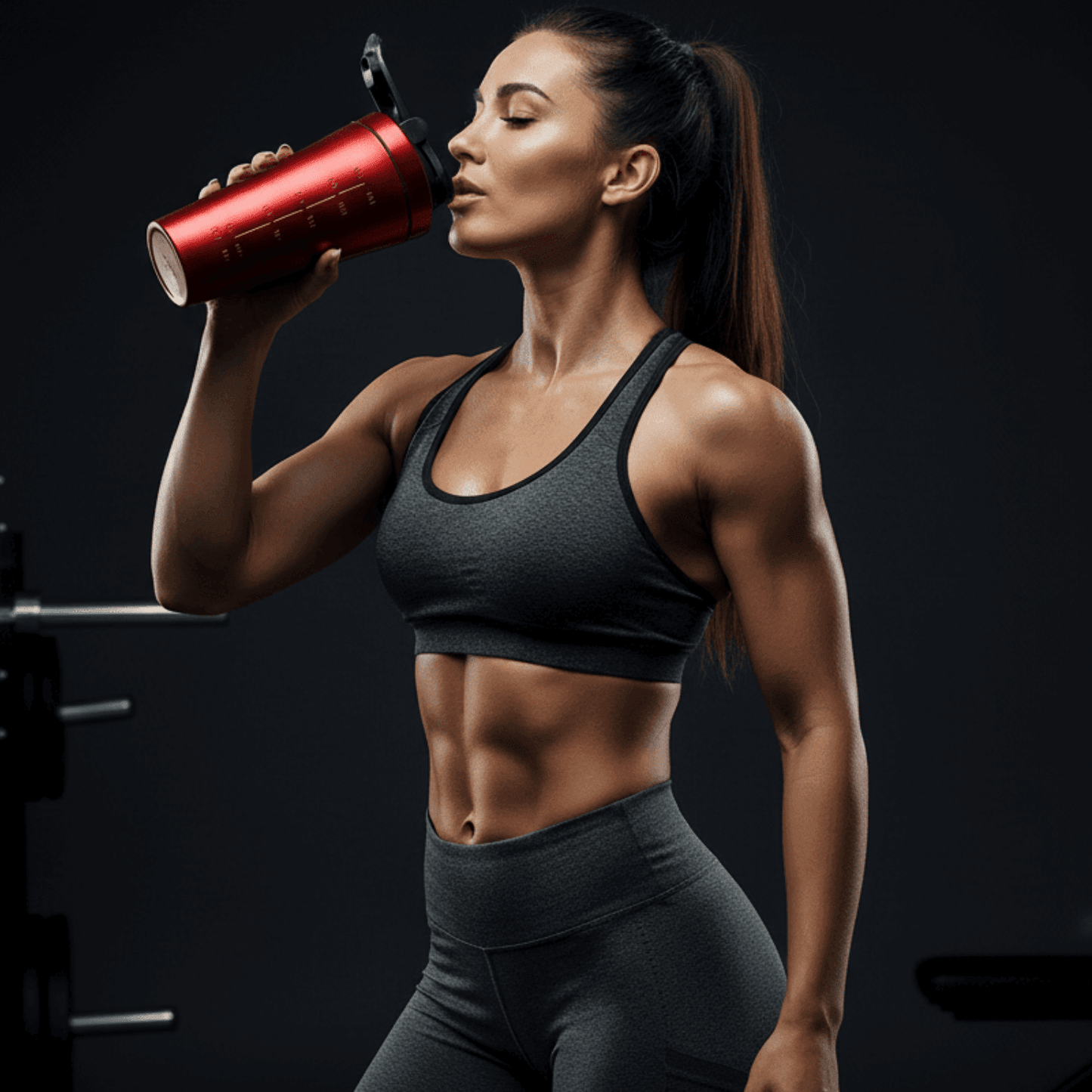 shaker sport rouge utilisé par une femme sportive en salle de sport dans une ambiance premium sombre