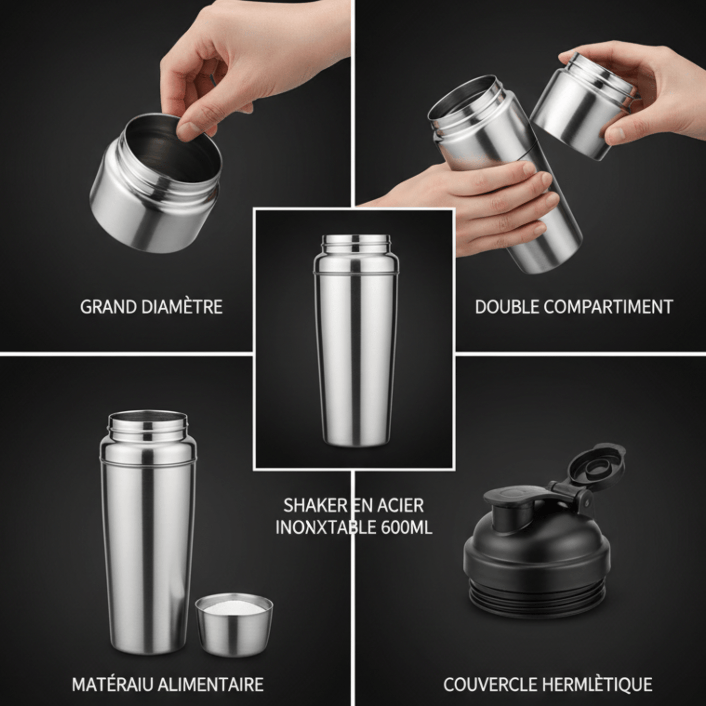 Shaker protéine 700ml graduation précise dosage optimal acier inoxydable qualité alimentaire