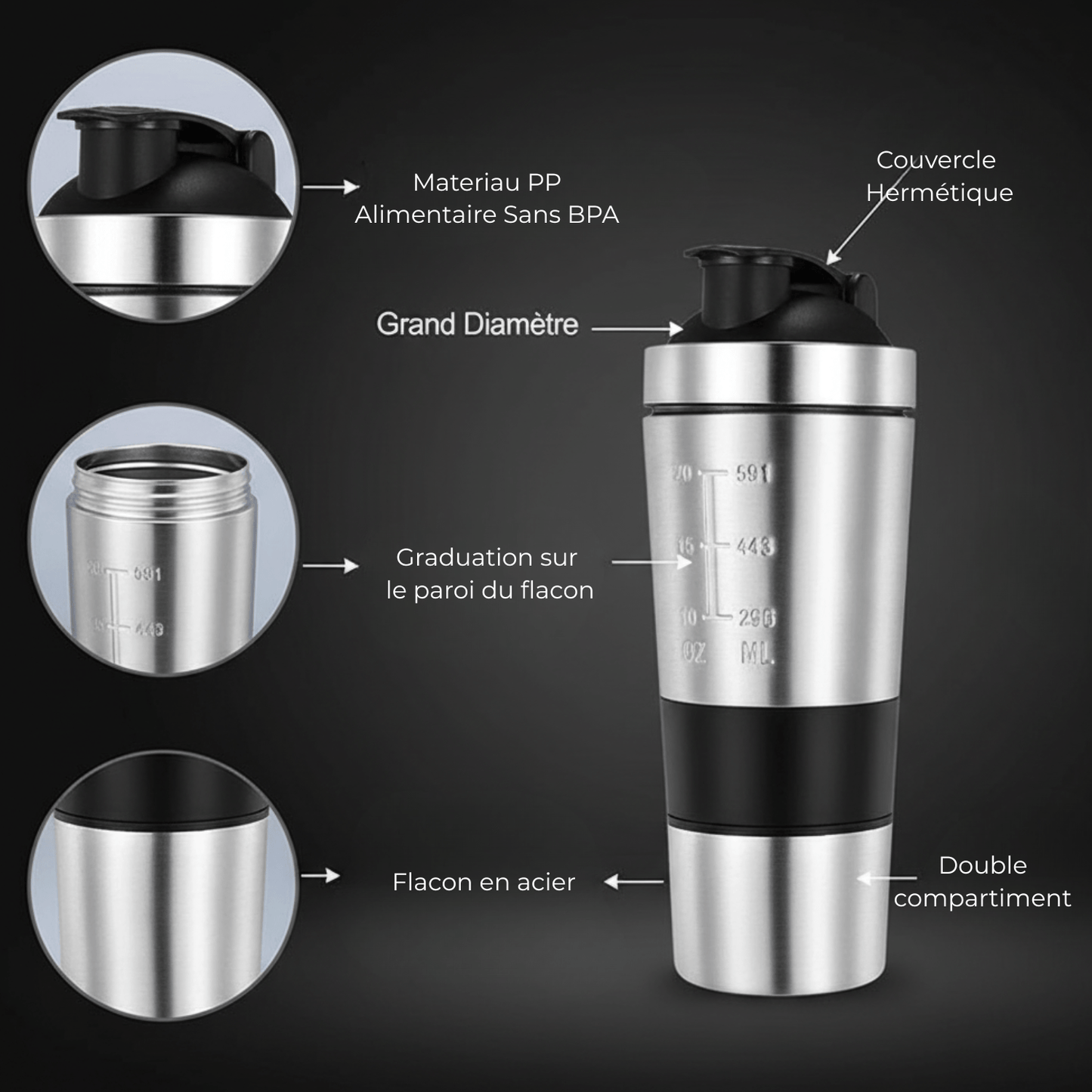 Shaker protéine acier inoxydable sans odeur compatible lave-vaisselle entretien facile durable 10 ans