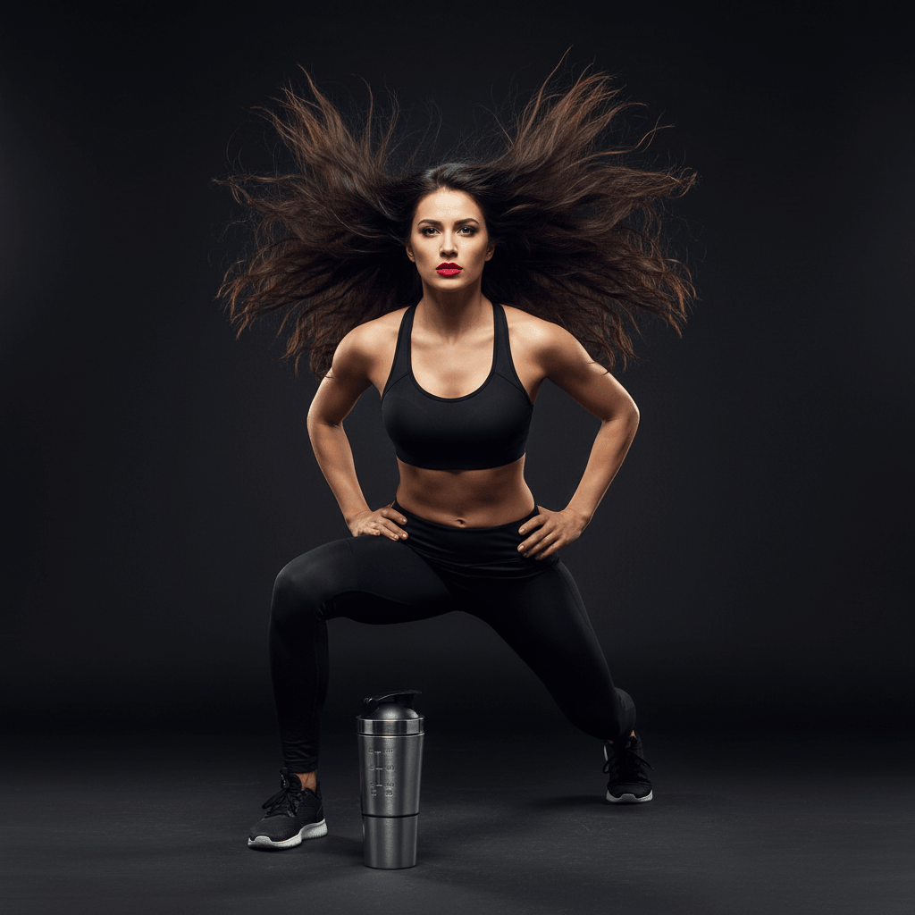 Femme athlétique en tenue de sport effectuant un écart avec les mains sur les hanches; shaker protéiné métallique au premier plan.