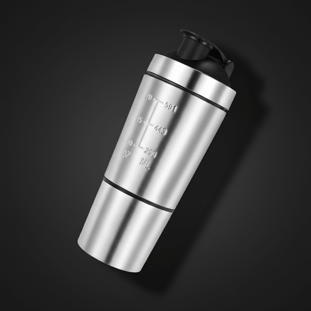 Shaker métallique argenté, isolé sur fond sombre, avec graduations et bouchon noir, conçu pour préparer des boissons protéinées.