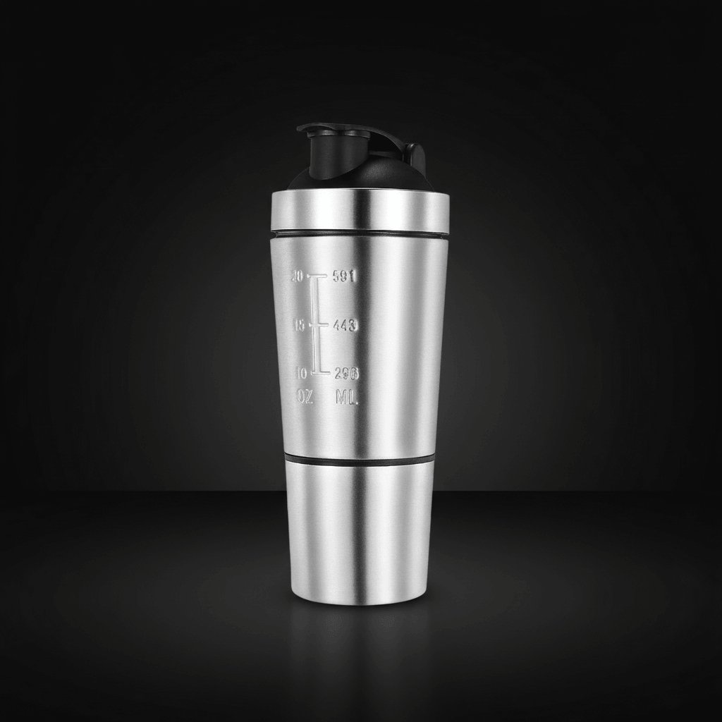 Shaker Protéine, gourde métallique isotherme avec bouchon noir, graduations visibles, prête pour vos boissons protéinées.