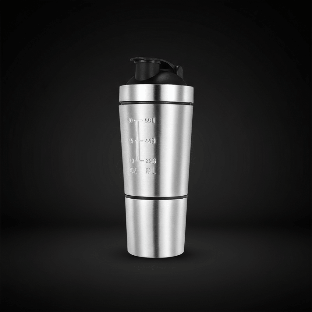 Shaker en acier inoxydable avec goulot et bouchon noir, mesurettes gravées sur le corps, appareil utilisé pour boissons protéinées.