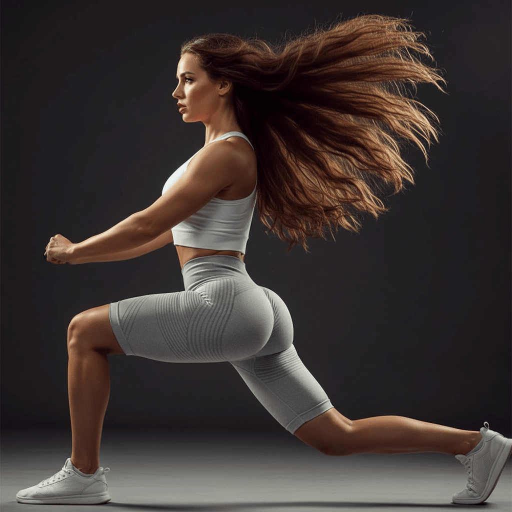 Femme en tenue de sport blanche exécutant une foulée dynamique, montrant des proportions athlétiques et un mouvement fluide.
