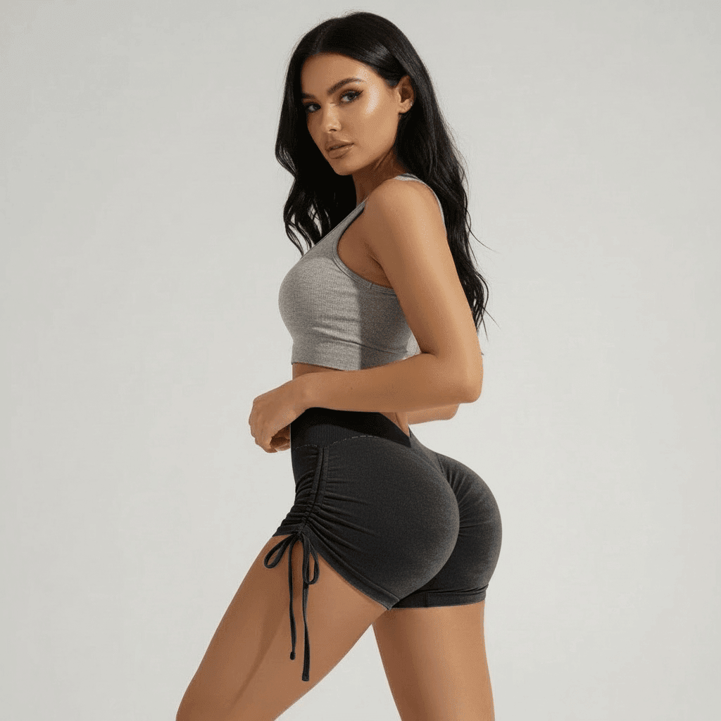 Shorty fitness femme en tissu gris et noir, haut sans manches et shorts ajustés à liens de tirage sur les côtés, pose de profil.